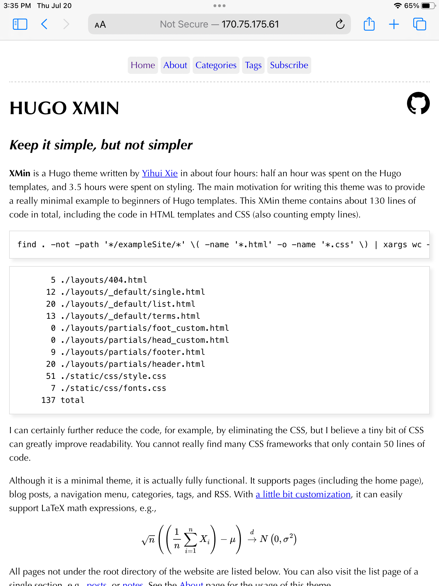 Hugo theme yihui/hugo-xmin example site