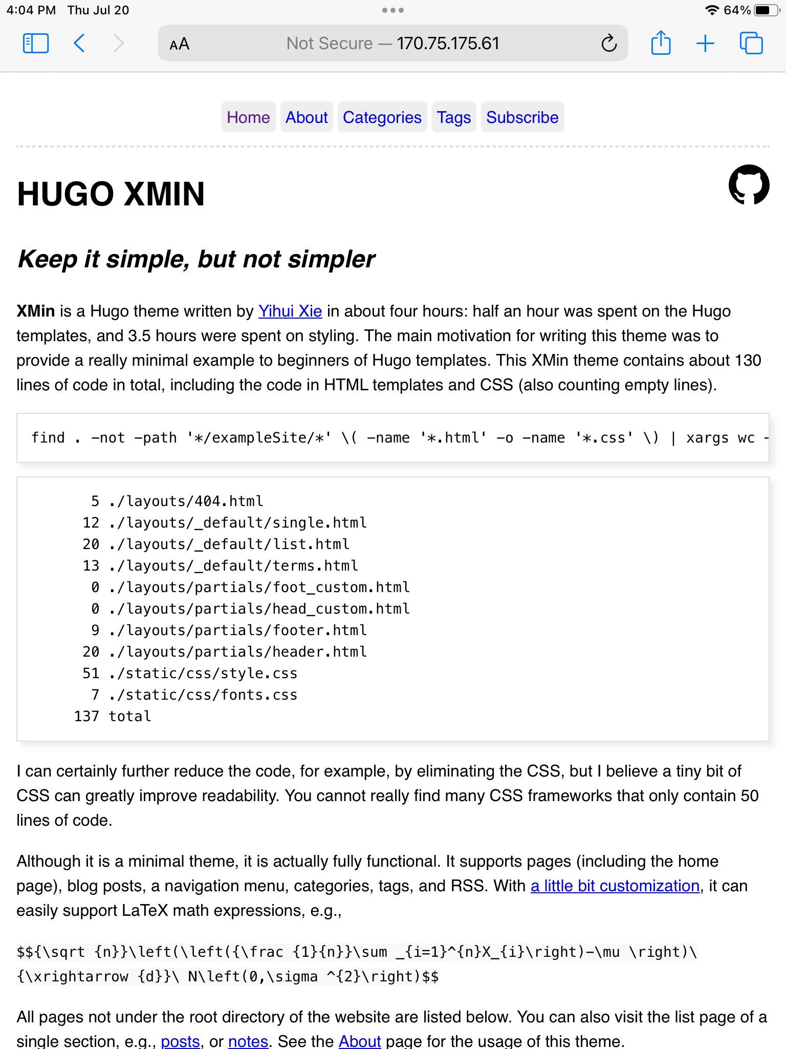 Hugo theme yihui/hugo-xmin example site with simplified fonts