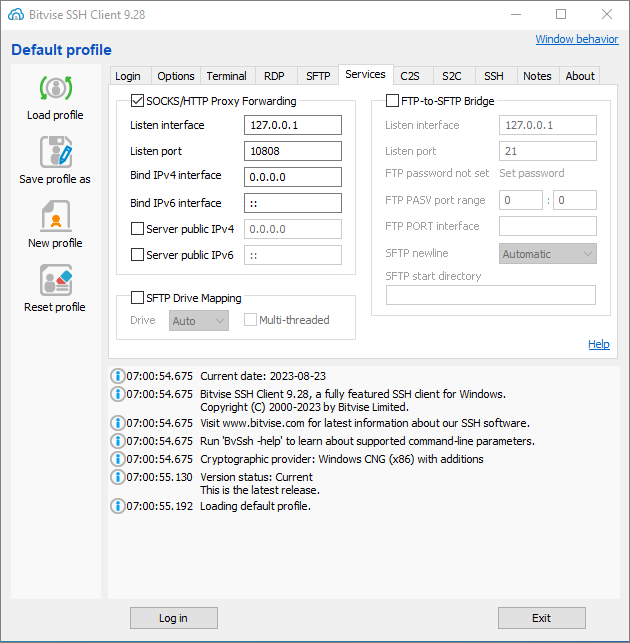 Bitvise SSH client Services tab