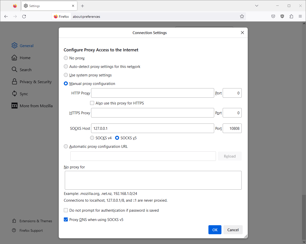 Firefox Network Settings for Manual proxy configuration of a SOCKS v5 proxy server