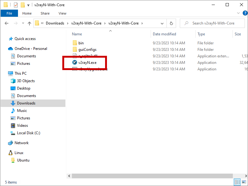 v2rayN application exe file in extracted folder