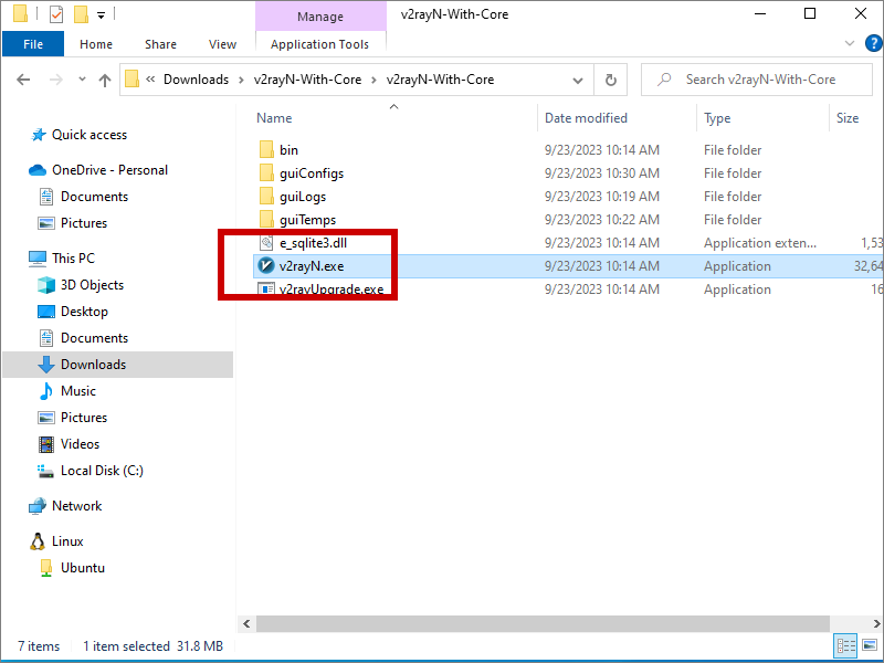 v2rayN application exe file in extracted folder