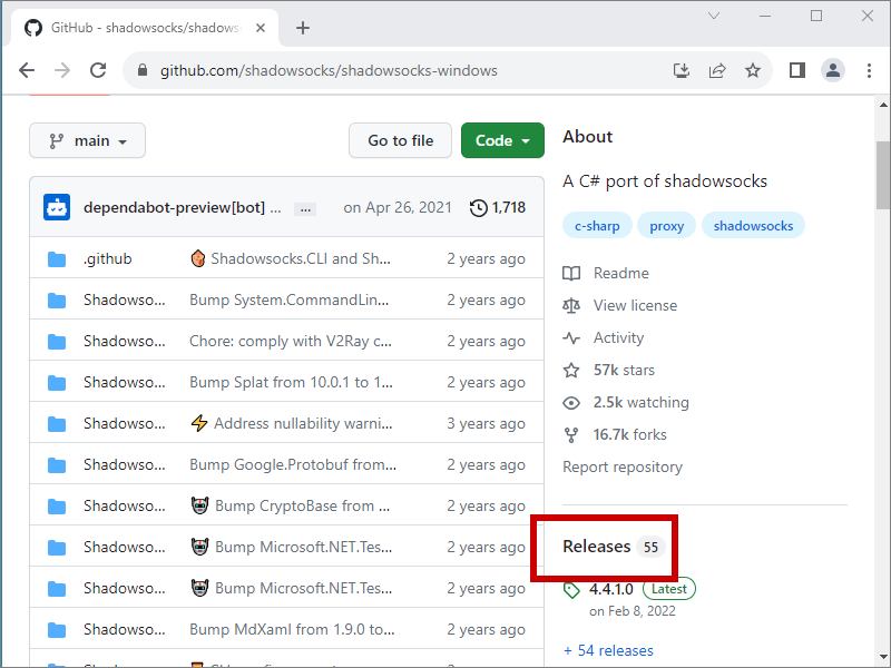 Releases link on GitHub page for Shadowsocks for Windows