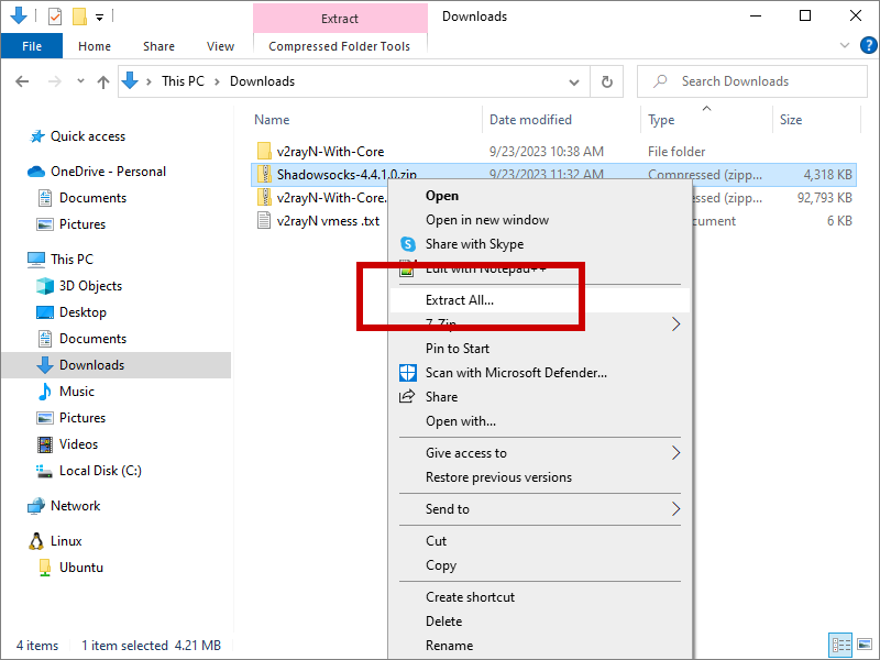 Context menu to extract Shadowsocks for Windows zip file